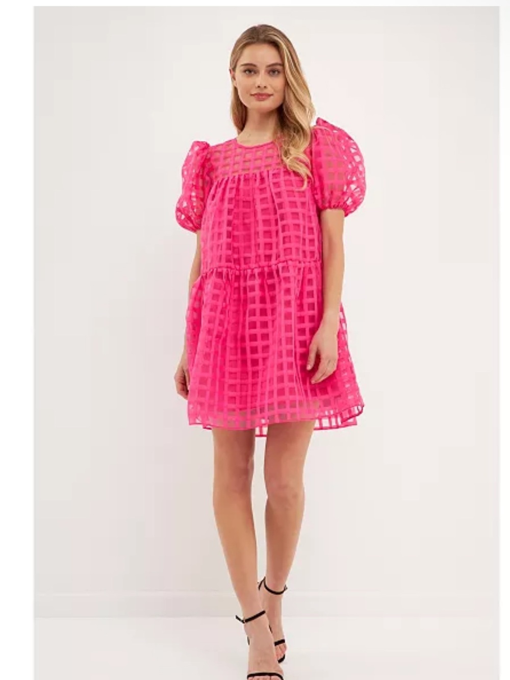 Cotton Bleu Bright Hot Pink Puff Sleeve Grid Babydoll Dress